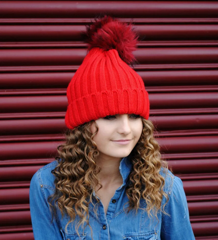 Bella Beanie Hat With Detachable Faux Fur Pom Pom