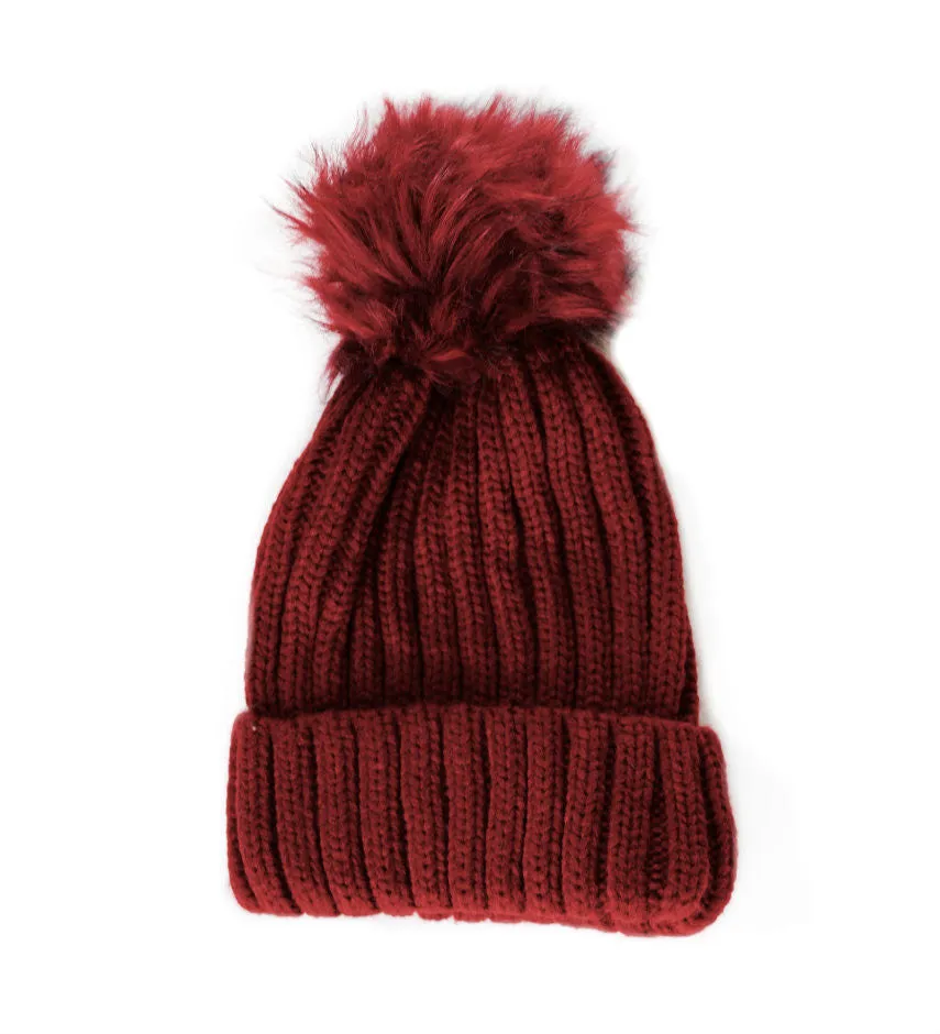 Bella Beanie Hat With Detachable Faux Fur Pom Pom