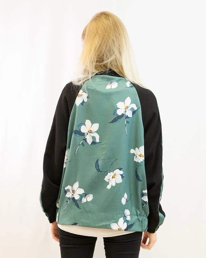 Floral Print Bomber Jacket (Green floral）
