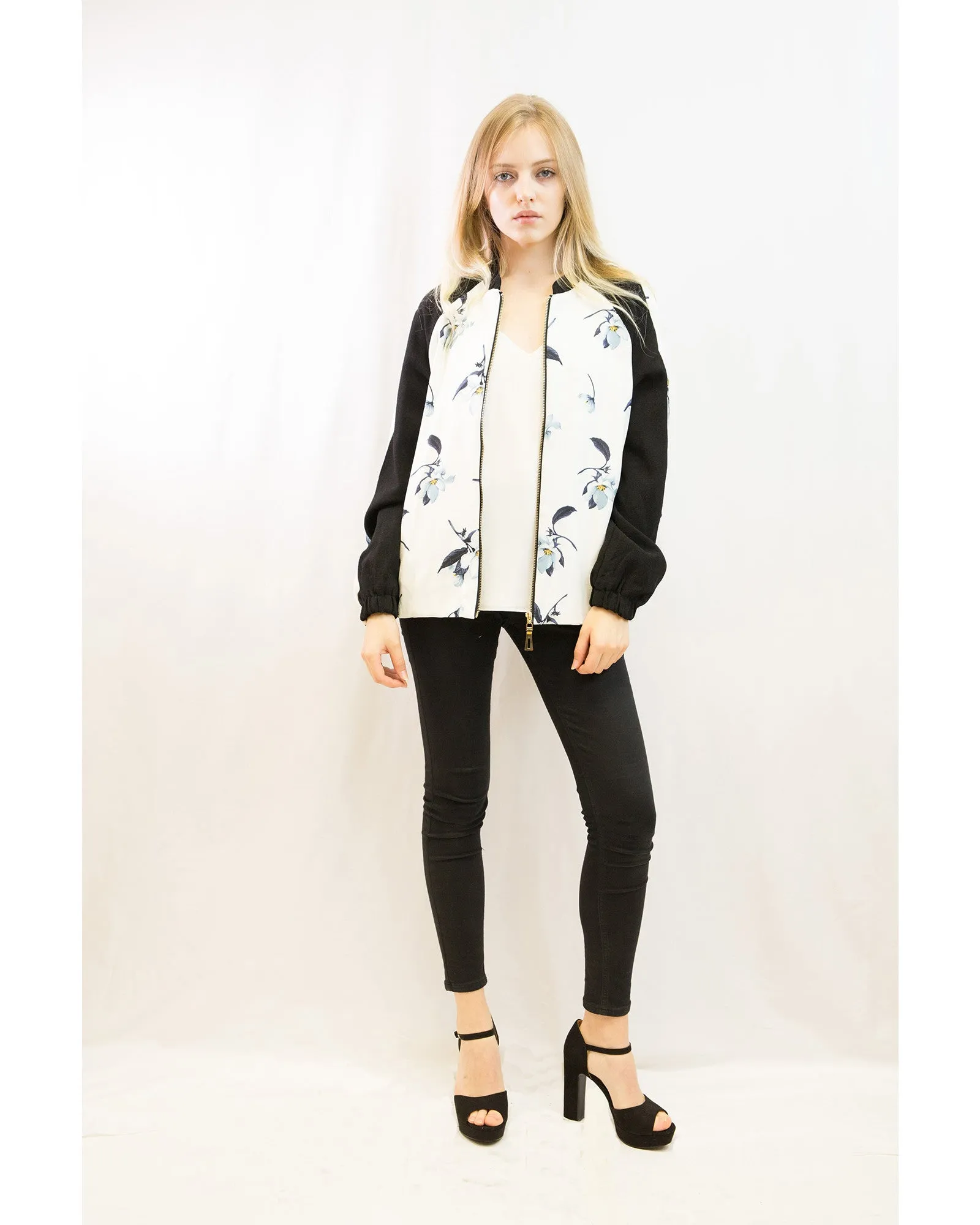 Floral Print Bomber Jacket (White floral)
