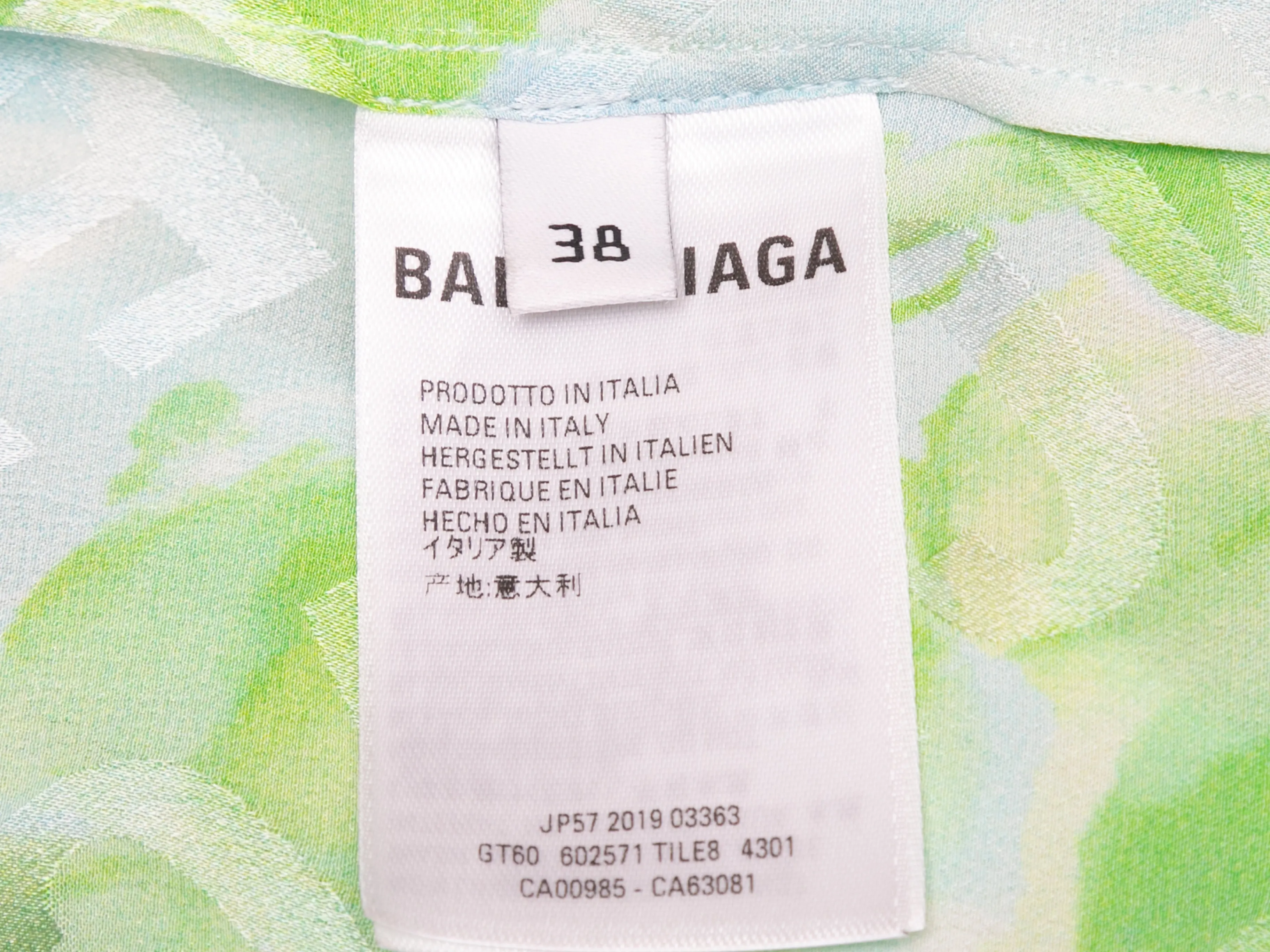 Light Blue & Green Balenciaga 2019 Silk Logo Print Top Size EU 38
