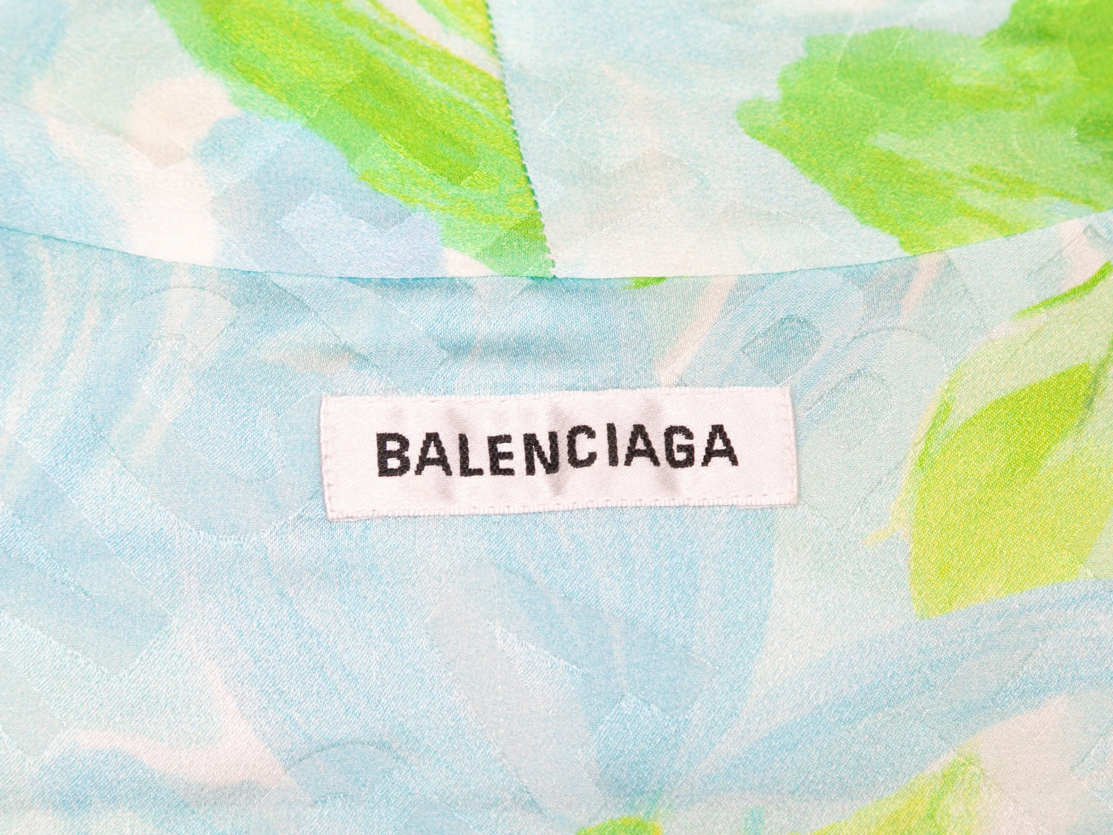 Light Blue & Green Balenciaga 2019 Silk Logo Print Top Size EU 38