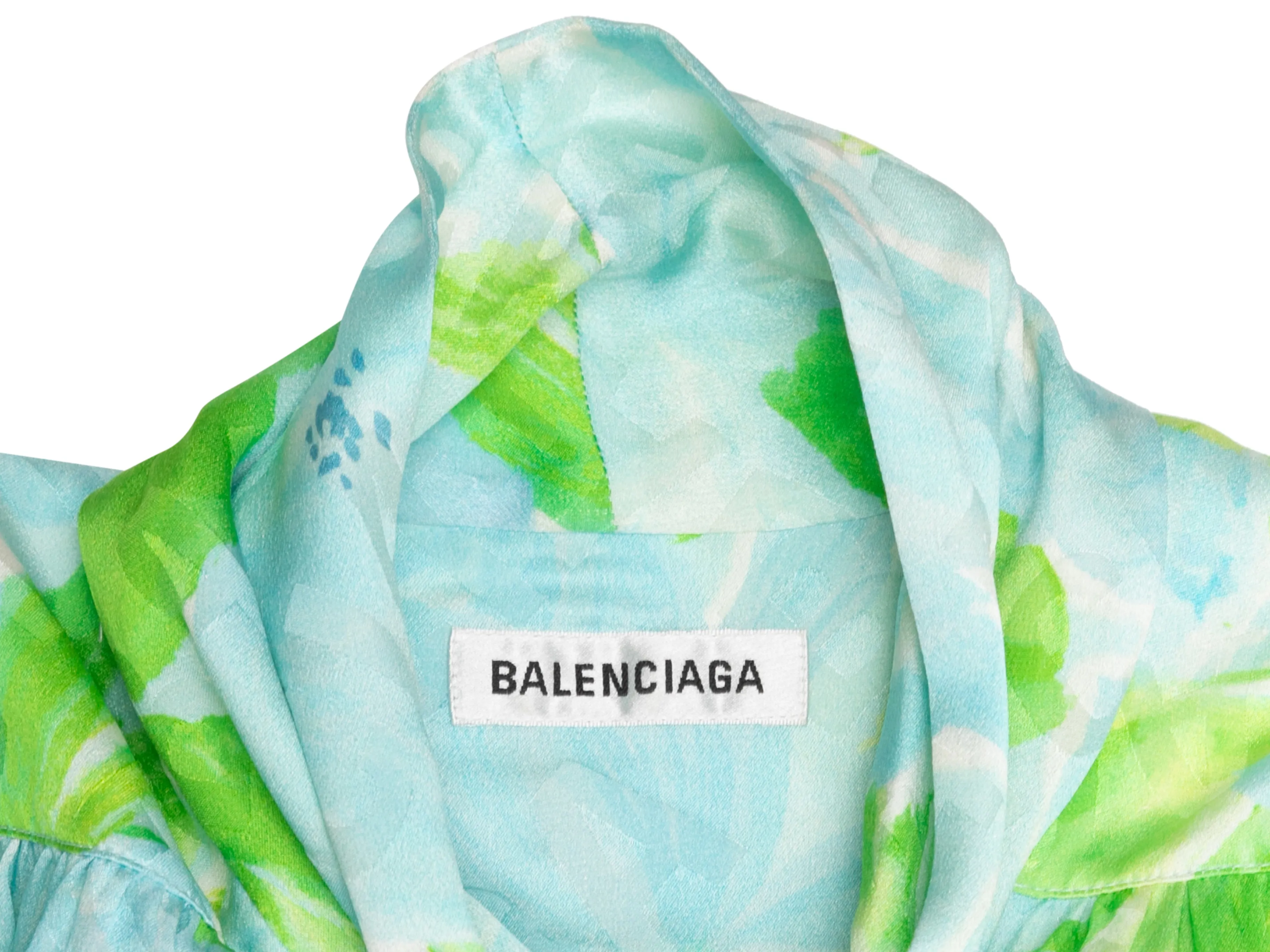 Light Blue & Green Balenciaga 2019 Silk Logo Print Top Size EU 38