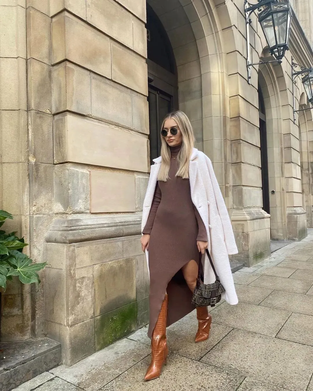 Long Sleeves High-Neck Elegant Chic Lady Knit Sweater Dress