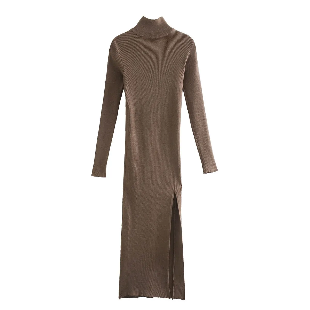 Long Sleeves High-Neck Elegant Chic Lady Knit Sweater Dress