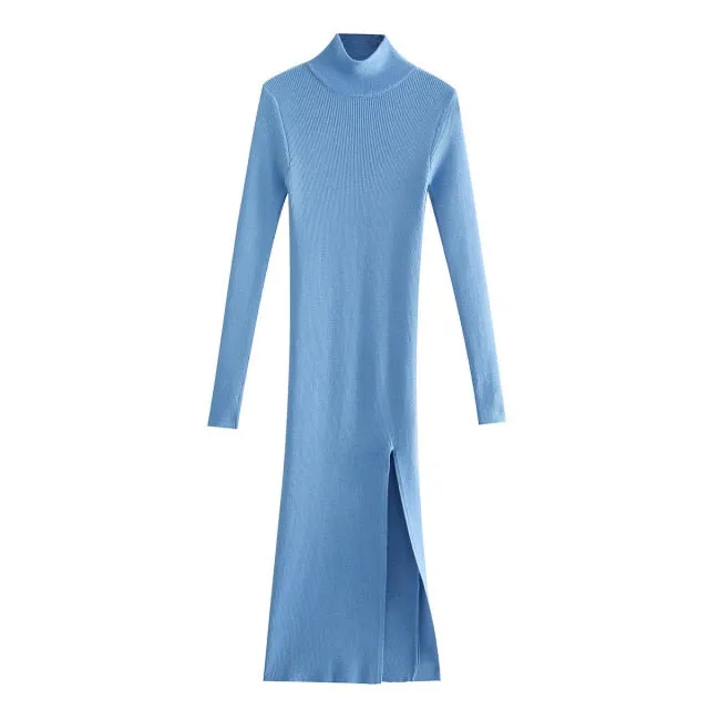 Long Sleeves High-Neck Elegant Chic Lady Knit Sweater Dress