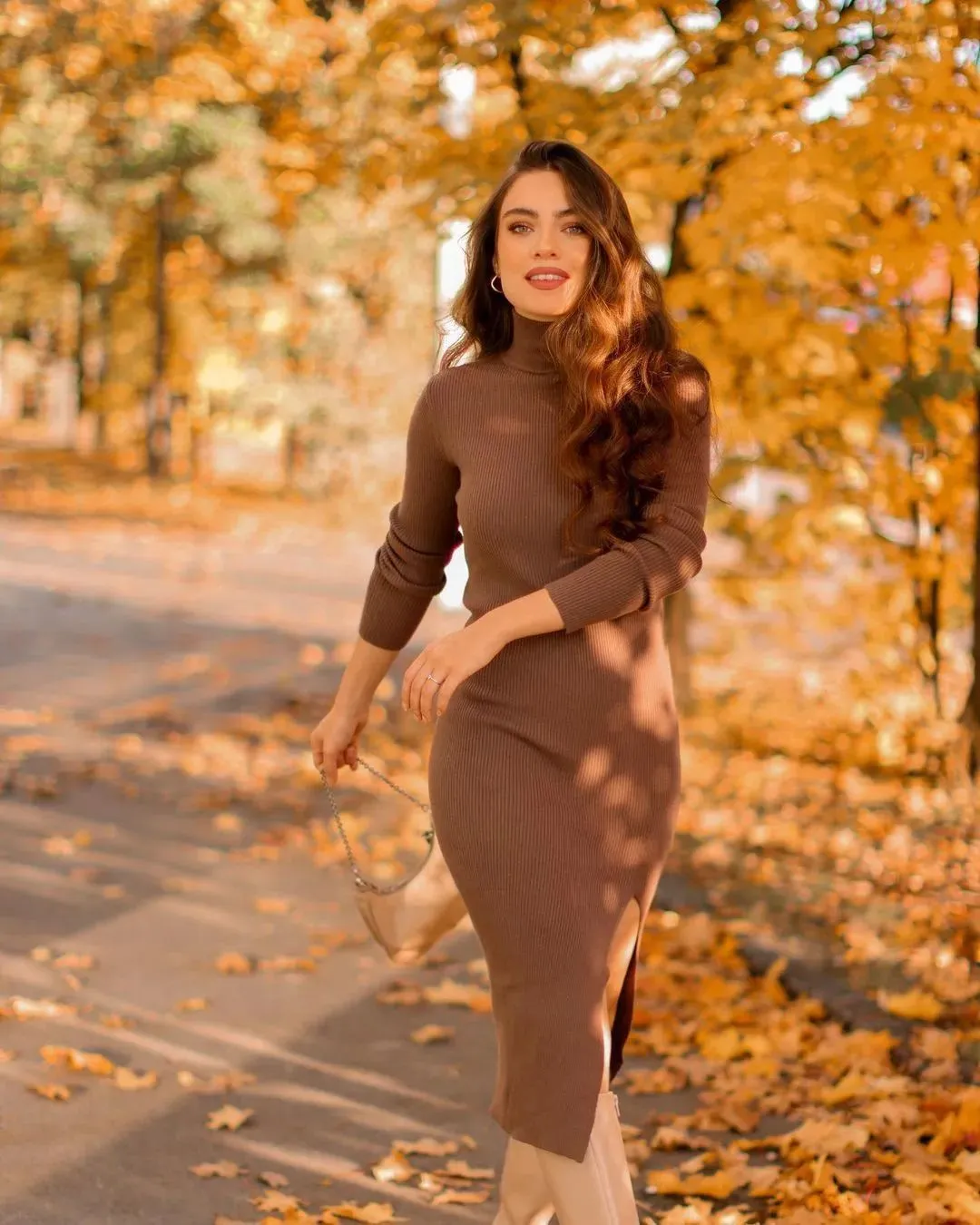 Long Sleeves High-Neck Elegant Chic Lady Knit Sweater Dress