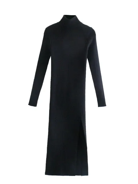Long Sleeves High-Neck Elegant Chic Lady Knit Sweater Dress