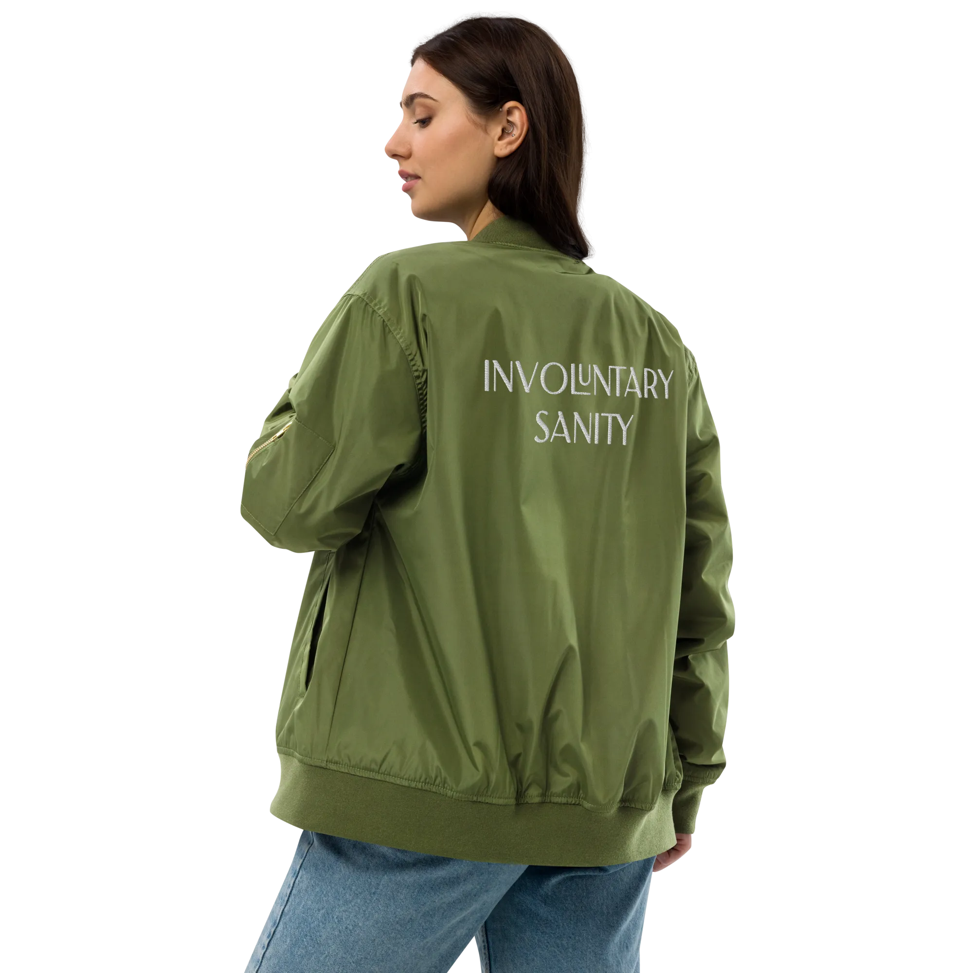 "Involuntary Sanity" by Book of Rico:74™ recycled bomber jacket