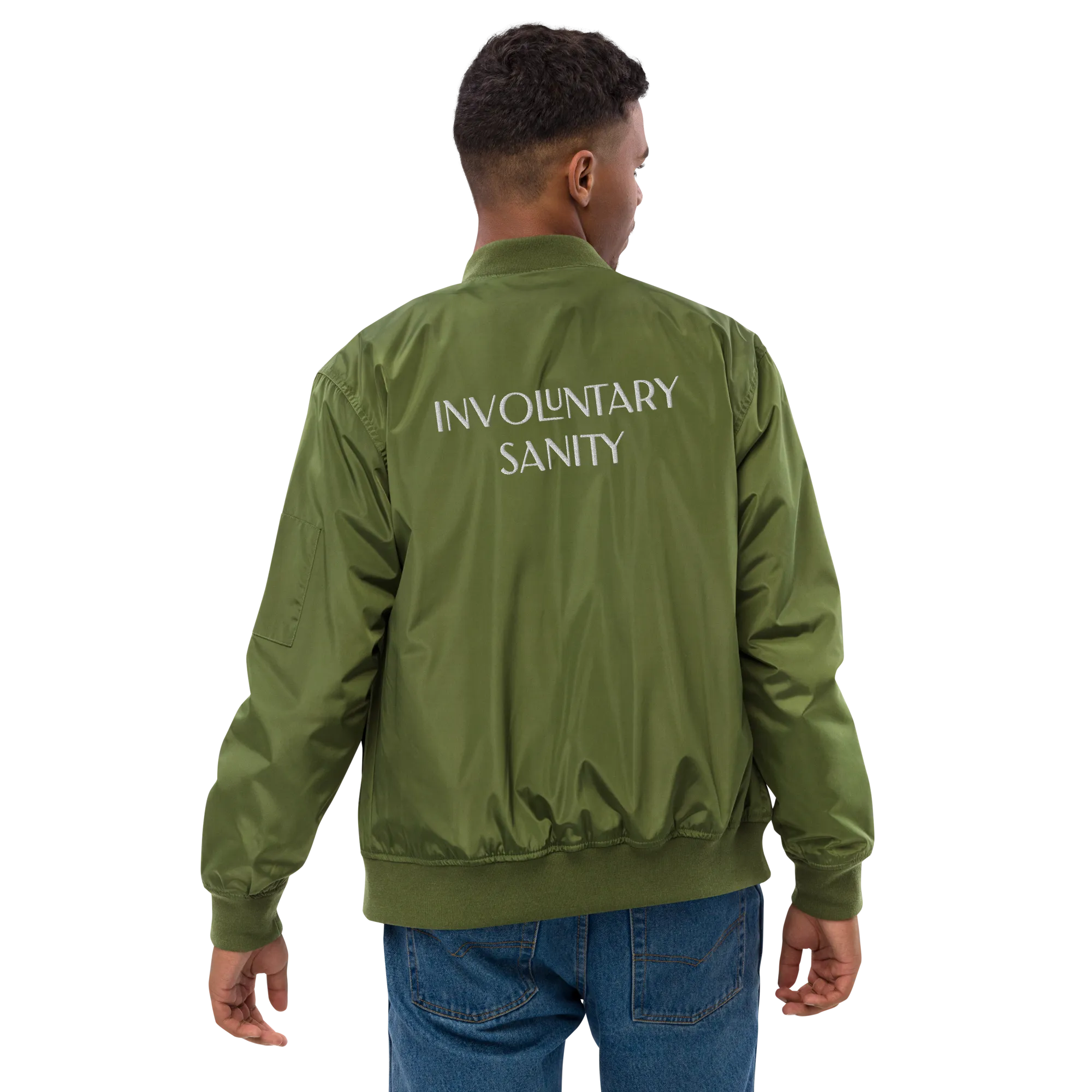 "Involuntary Sanity" by Book of Rico:74™ recycled bomber jacket