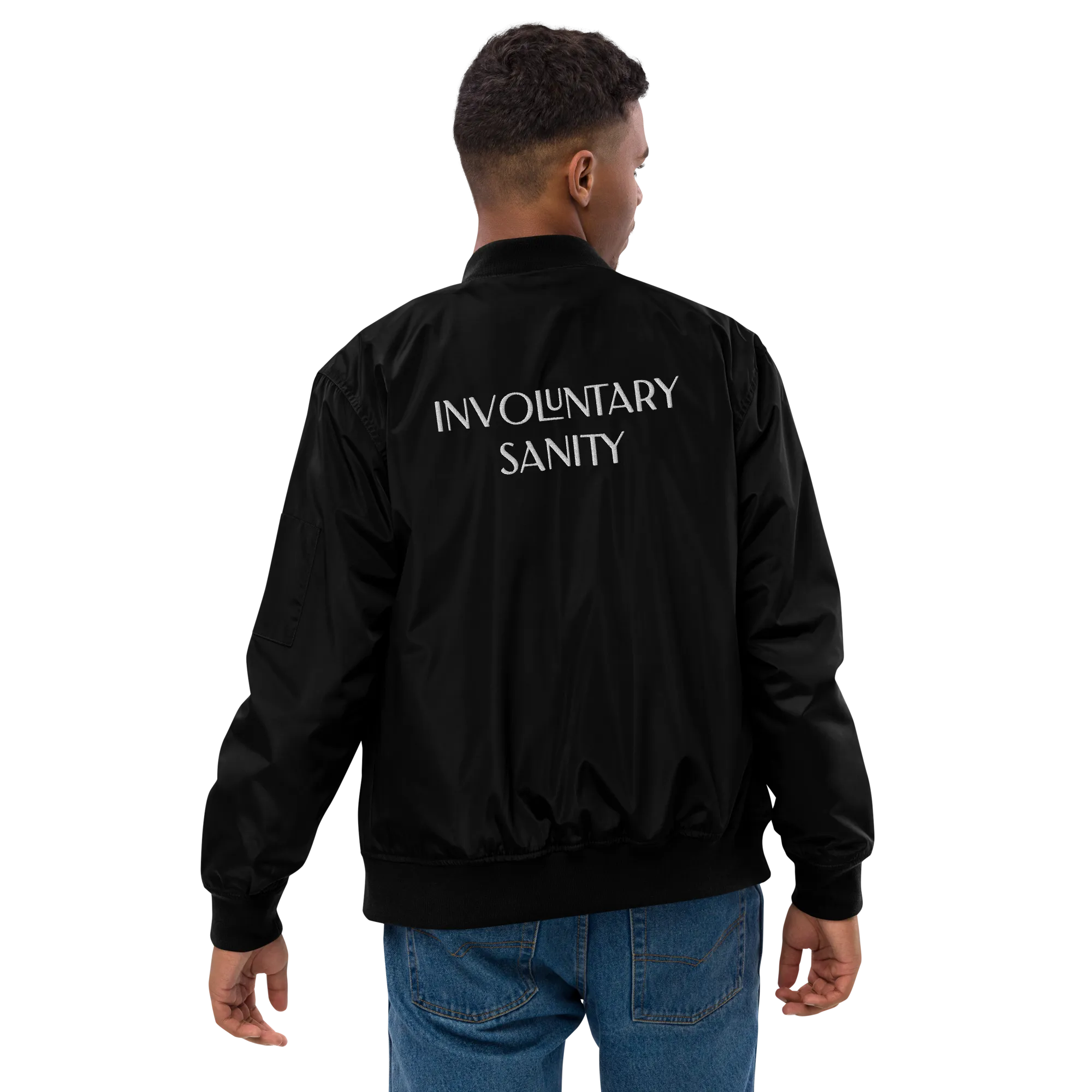 "Involuntary Sanity" by Book of Rico:74™ recycled bomber jacket