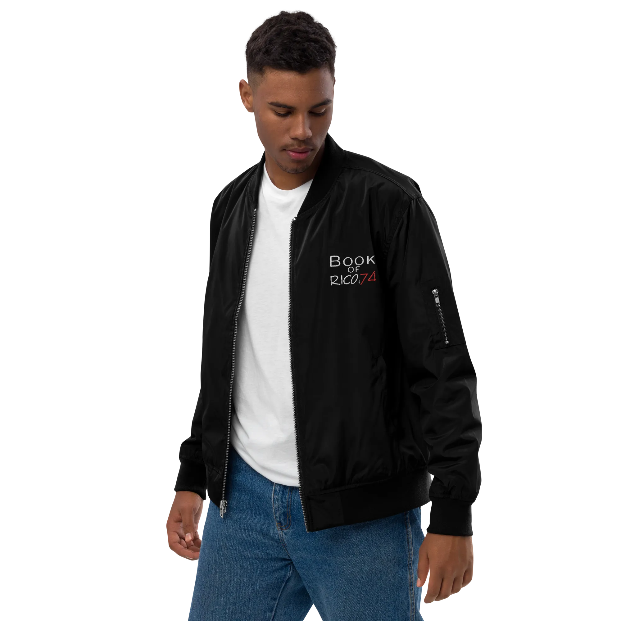"Involuntary Sanity" by Book of Rico:74™ recycled bomber jacket