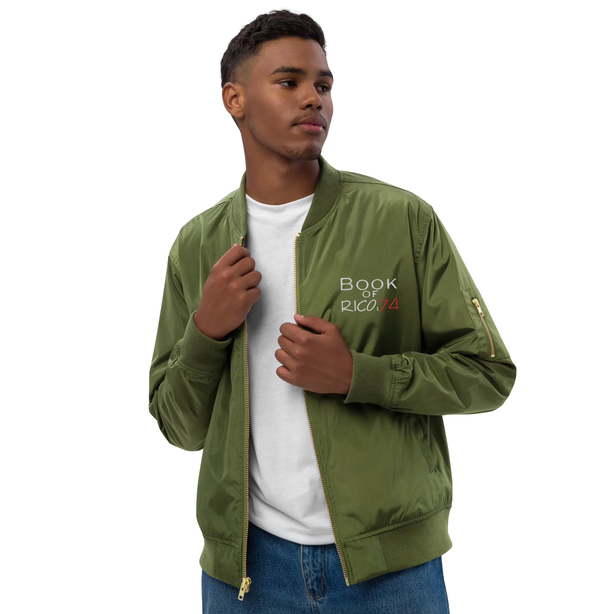 "Involuntary Sanity" by Book of Rico:74™ recycled bomber jacket