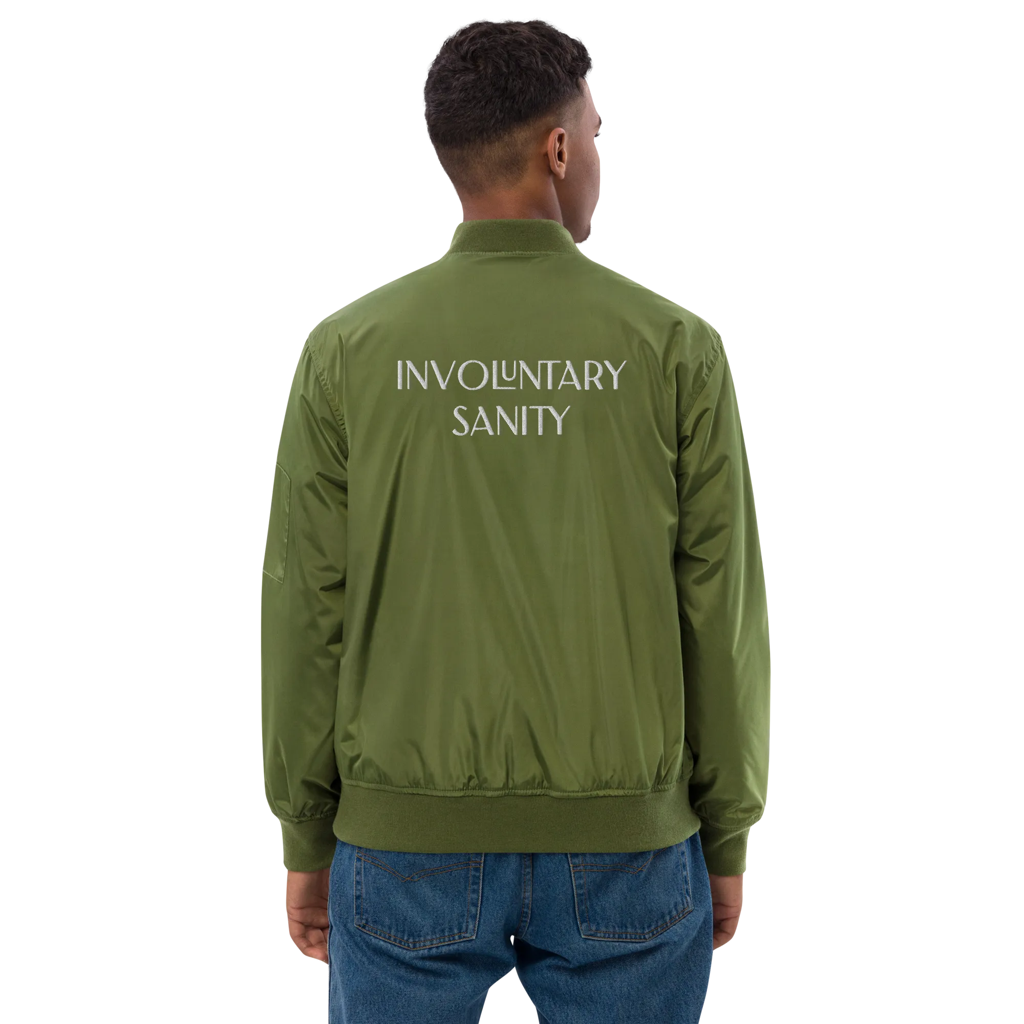 "Involuntary Sanity" by Book of Rico:74™ recycled bomber jacket