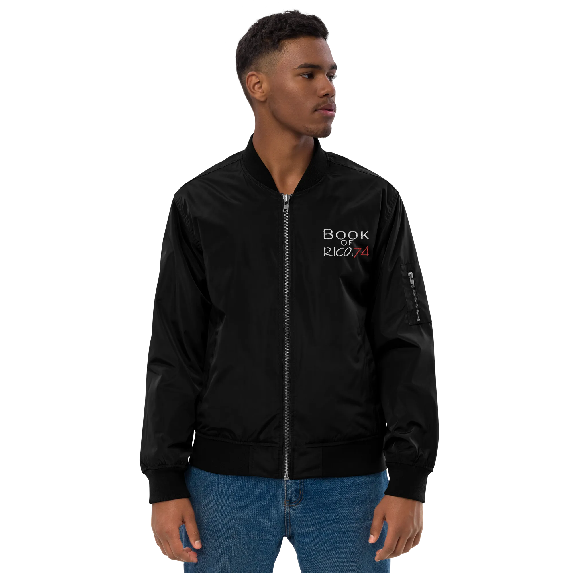 "Involuntary Sanity" by Book of Rico:74™ recycled bomber jacket