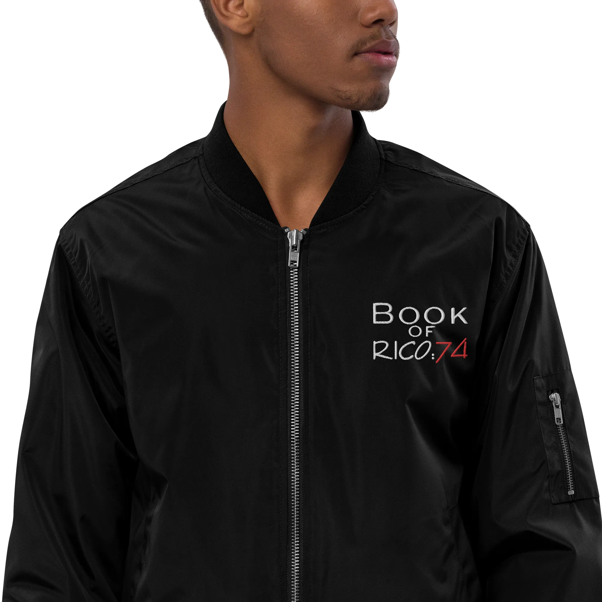 "Involuntary Sanity" by Book of Rico:74™ recycled bomber jacket