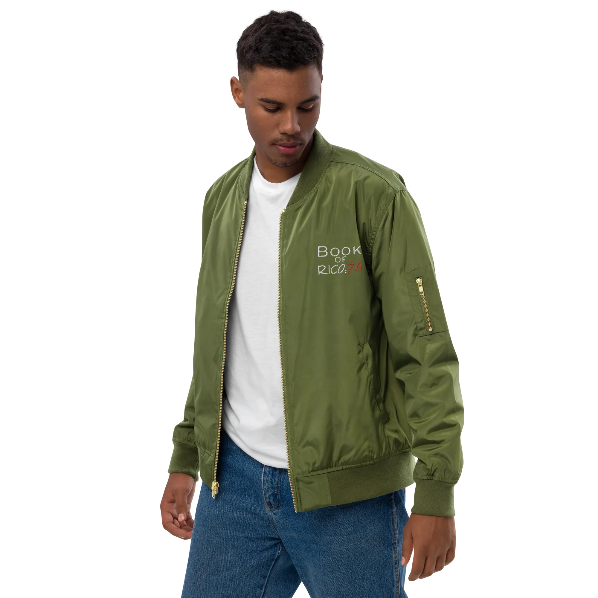 "Involuntary Sanity" by Book of Rico:74™ recycled bomber jacket