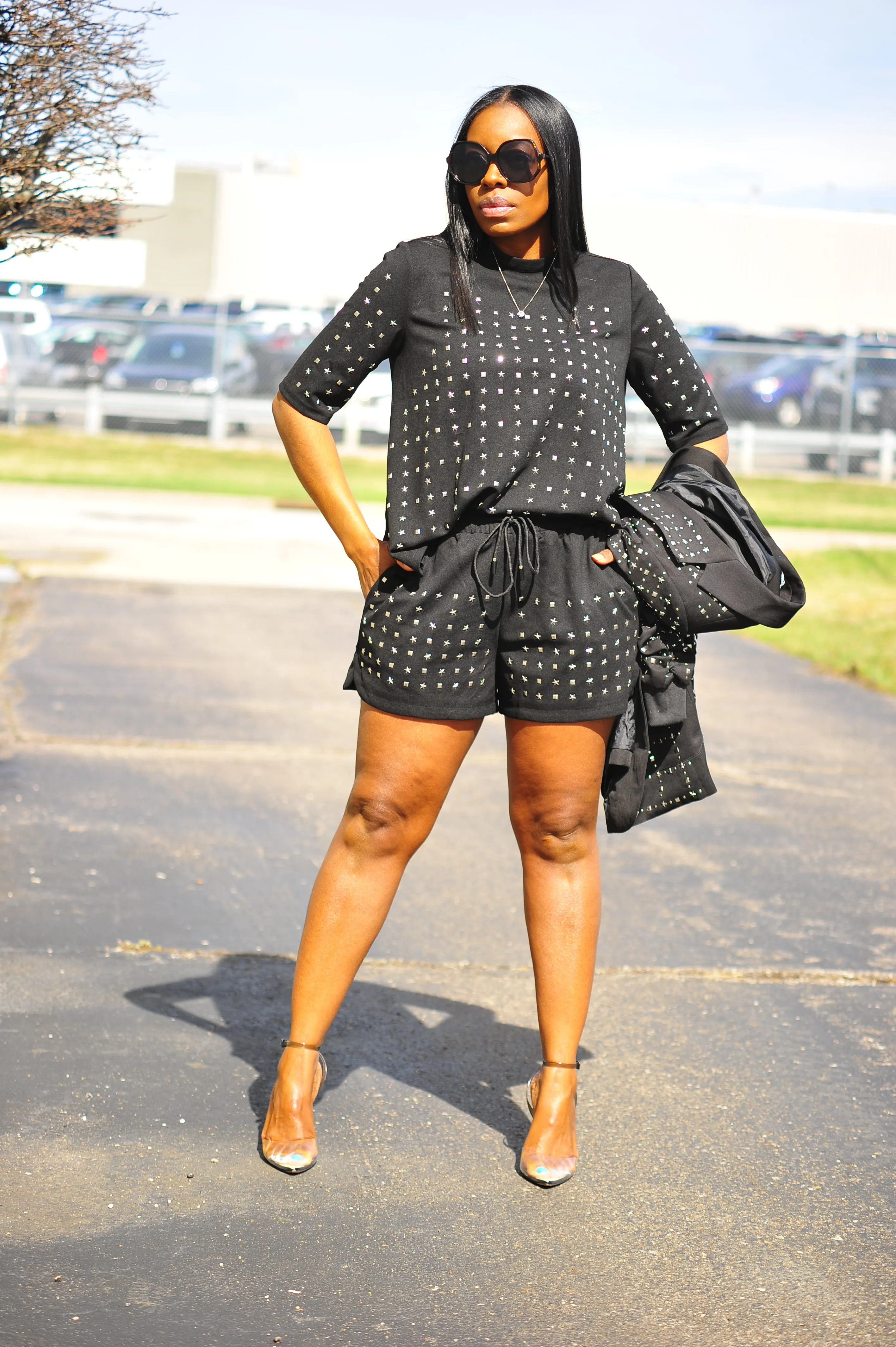Silver Studded Shorts Set