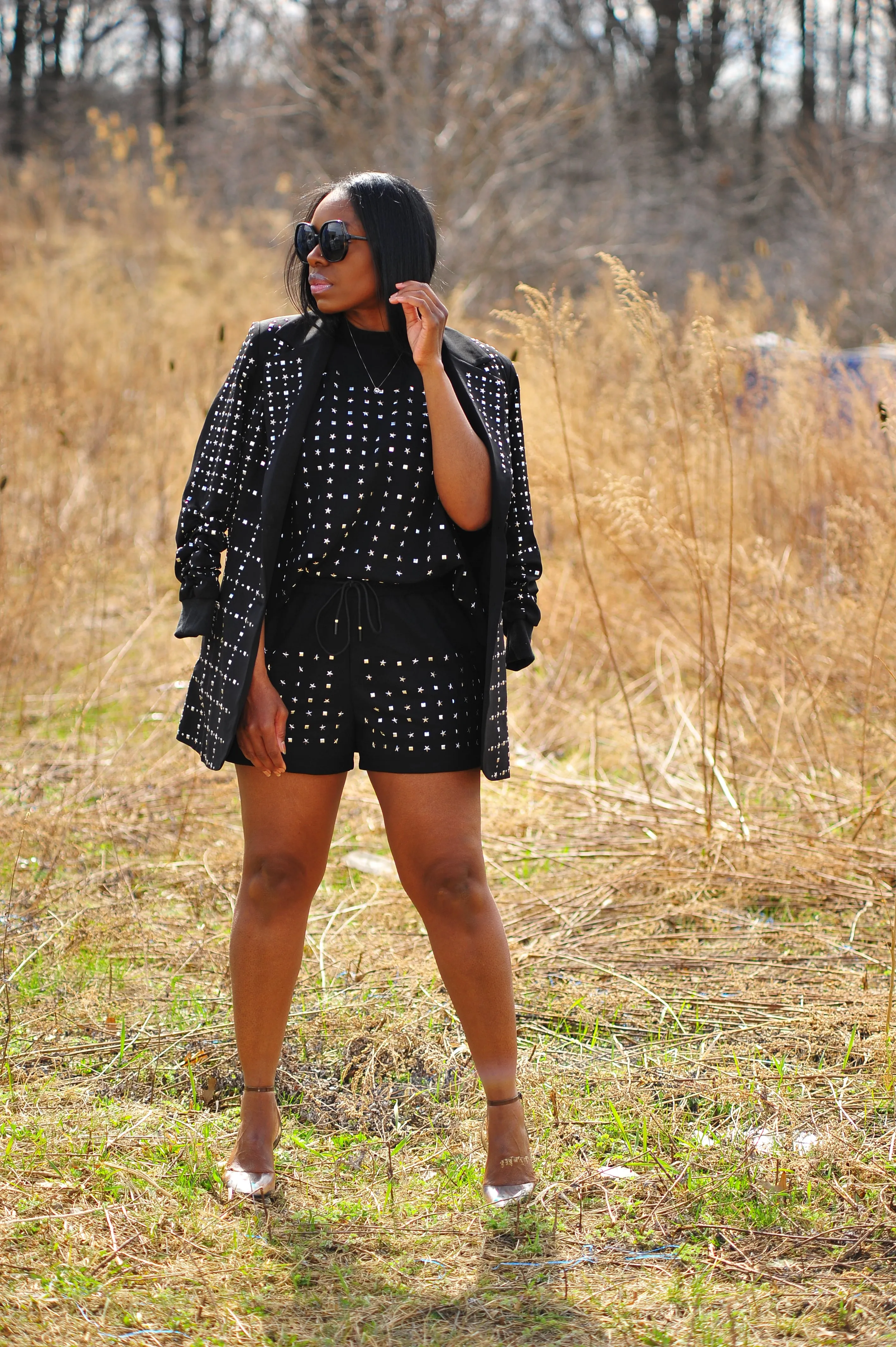 Silver Studded Shorts Set