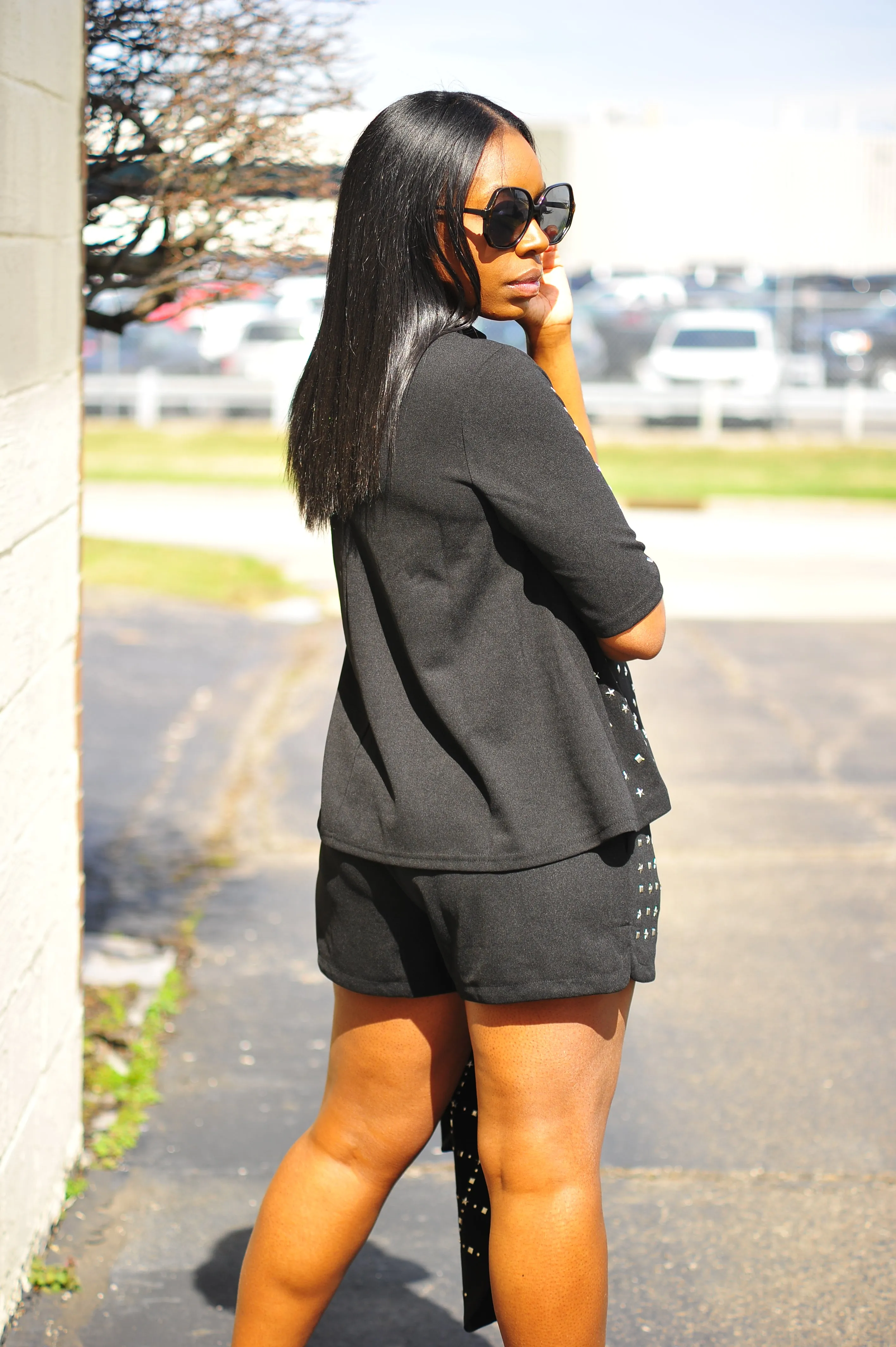 Silver Studded Shorts Set