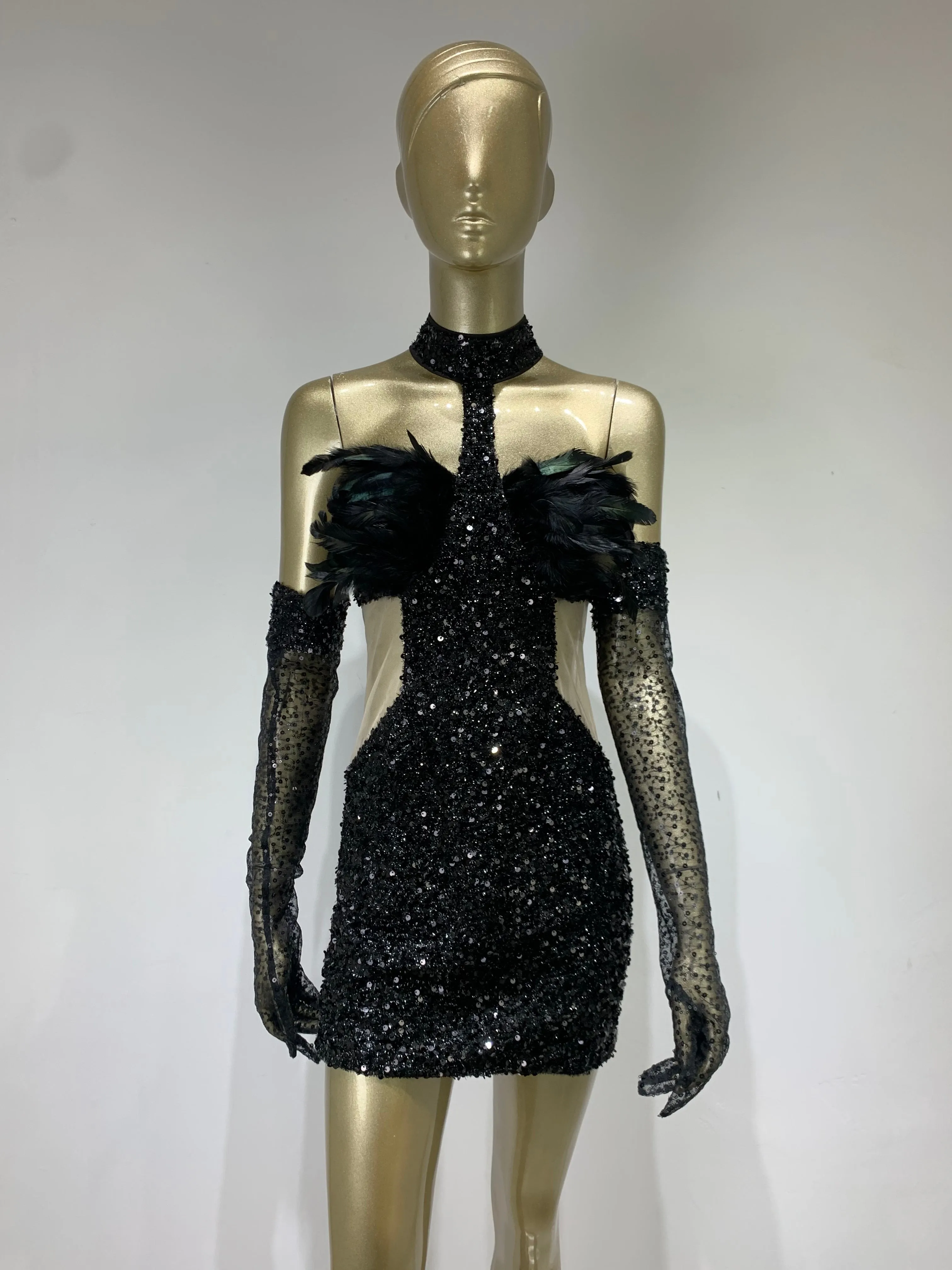 Swan Turtleneck Feather Mini Dress