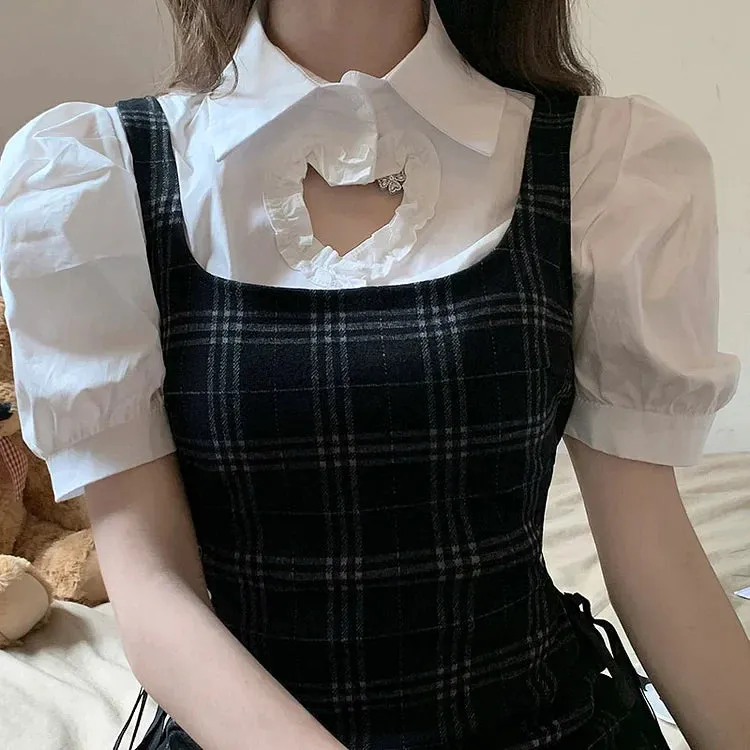 Sweet Love Heart Hollow Out Collar Shirt Lace Up Plaid Dress Two Piece Set
