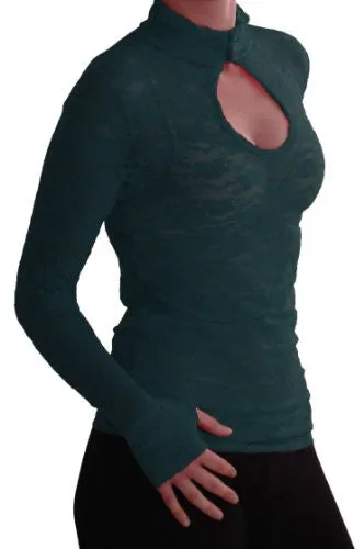Turtle Neck Long Sleeve Floral Lace Keyhole Blouse