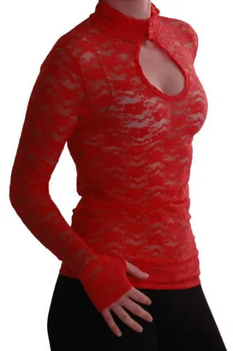 Turtle Neck Long Sleeve Floral Lace Keyhole Blouse