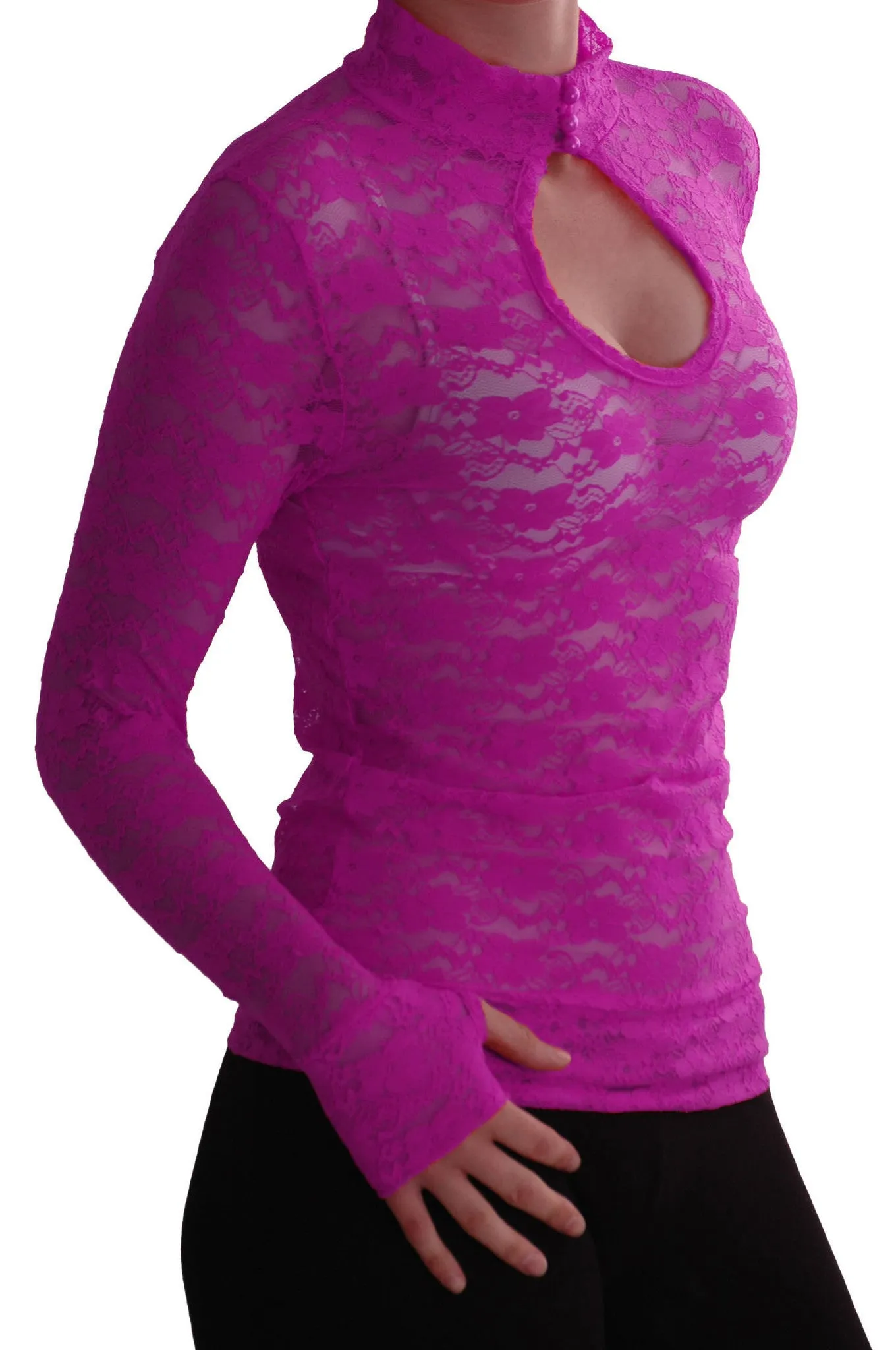 Turtle Neck Long Sleeve Floral Lace Keyhole Blouse
