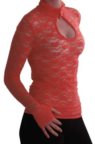 Turtle Neck Long Sleeve Floral Lace Keyhole Blouse