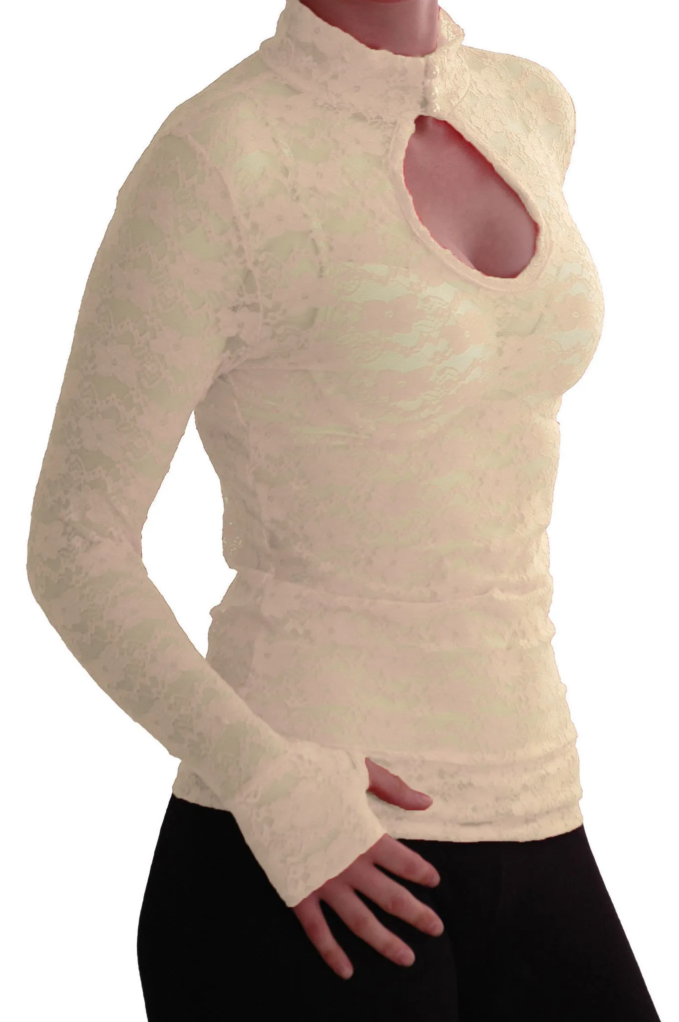 Turtle Neck Long Sleeve Floral Lace Keyhole Blouse