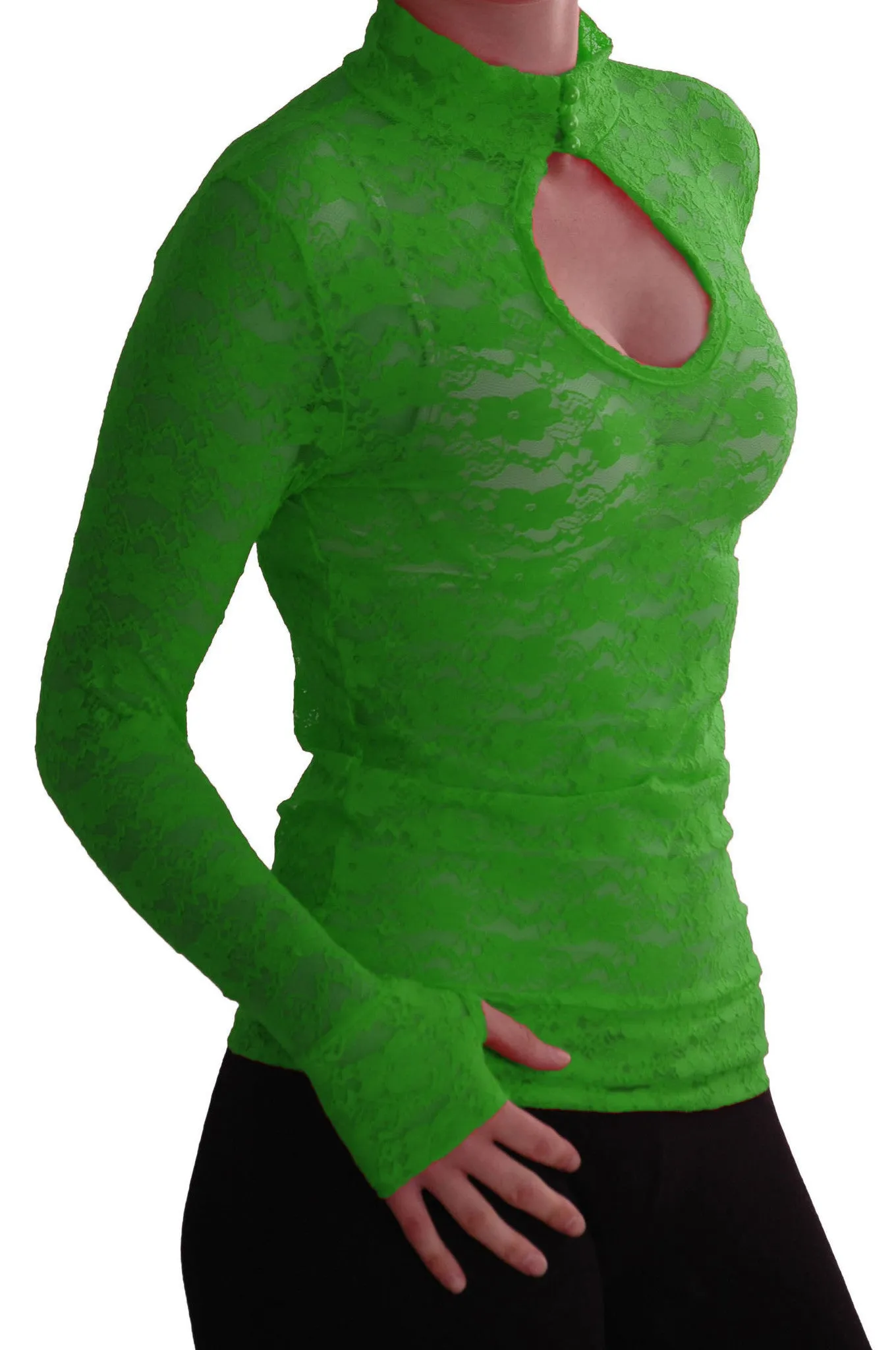 Turtle Neck Long Sleeve Floral Lace Keyhole Blouse