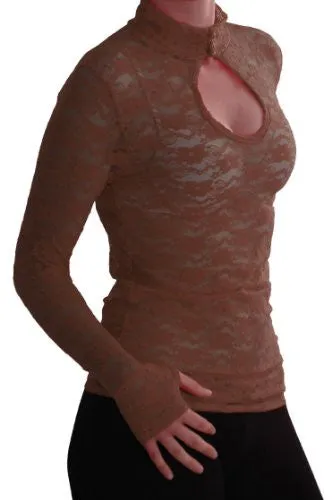 Turtle Neck Long Sleeve Floral Lace Keyhole Blouse