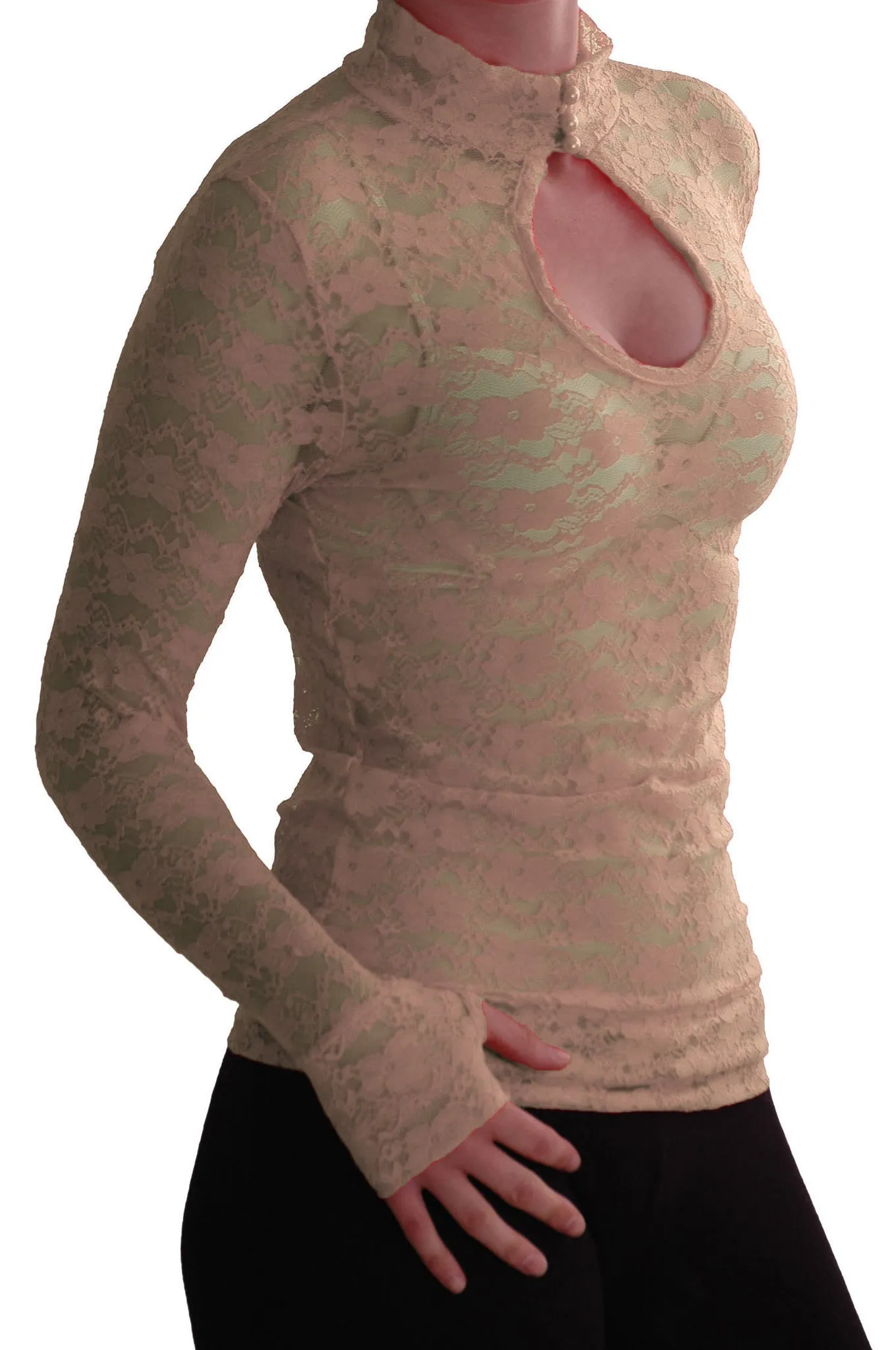 Turtle Neck Long Sleeve Floral Lace Keyhole Blouse