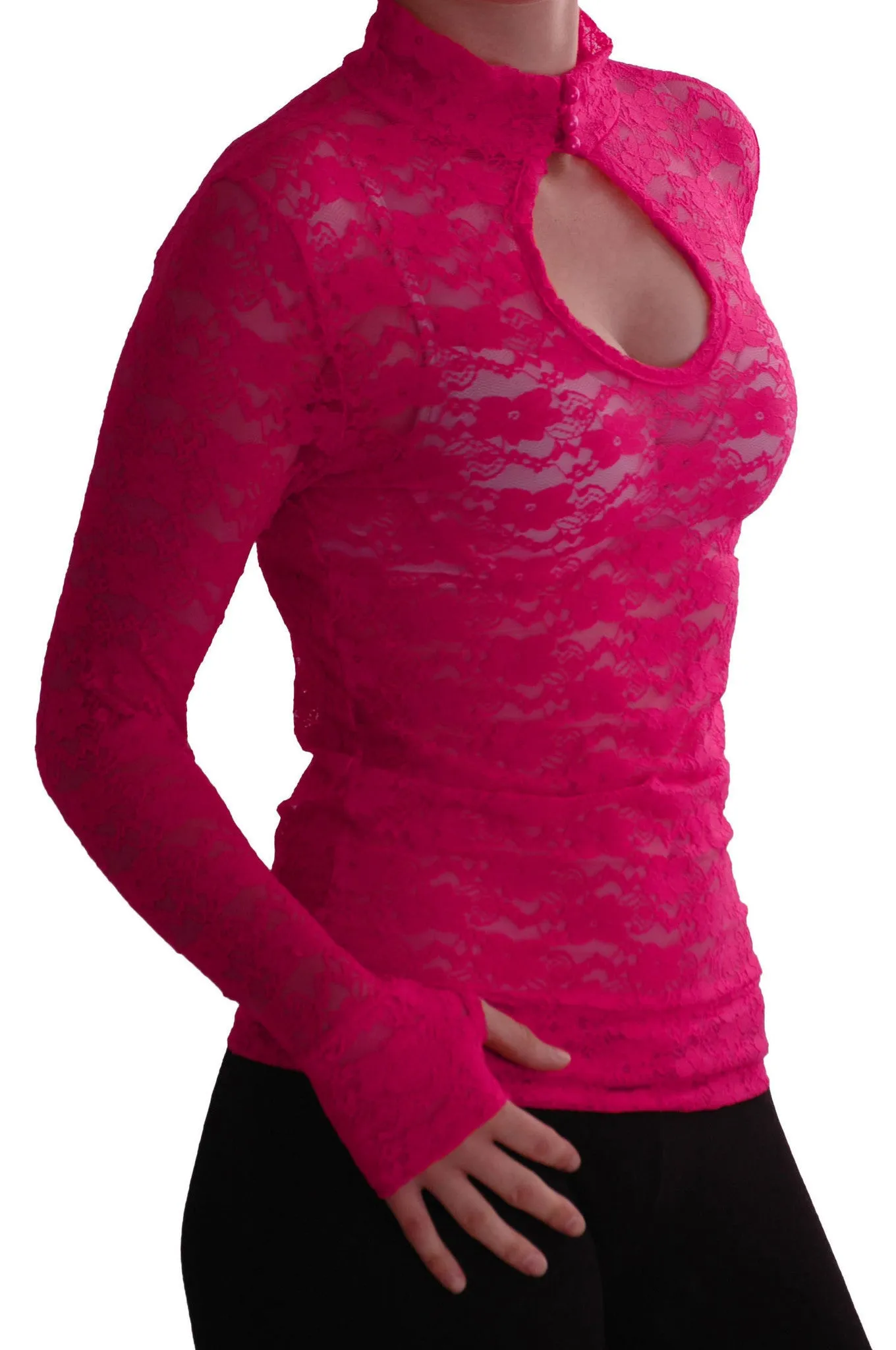 Turtle Neck Long Sleeve Floral Lace Keyhole Blouse