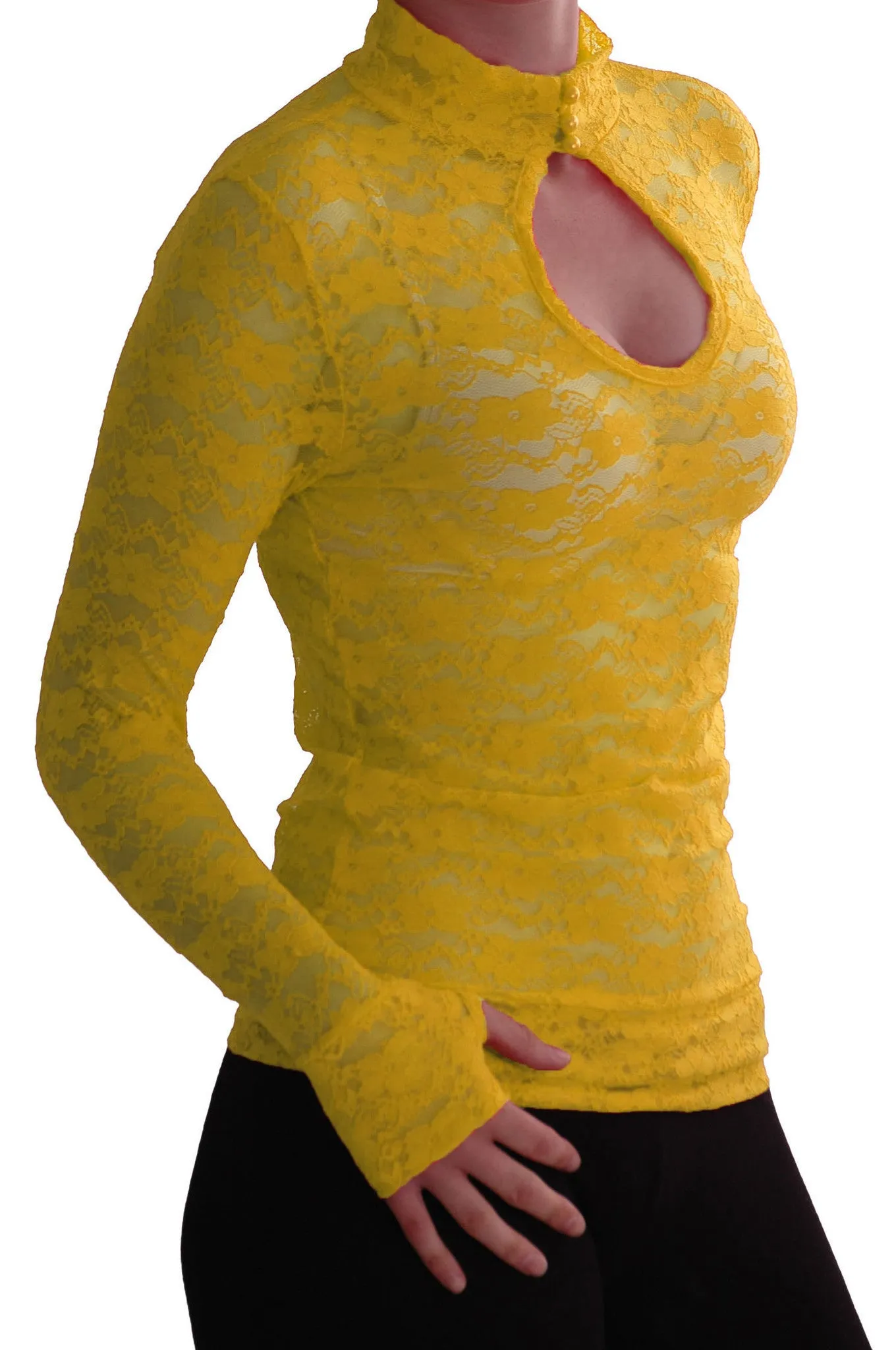Turtle Neck Long Sleeve Floral Lace Keyhole Blouse