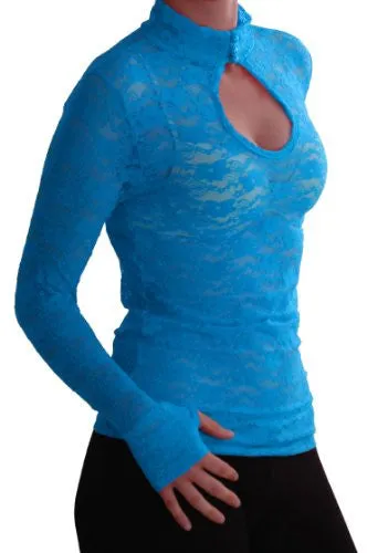 Turtle Neck Long Sleeve Floral Lace Keyhole Blouse