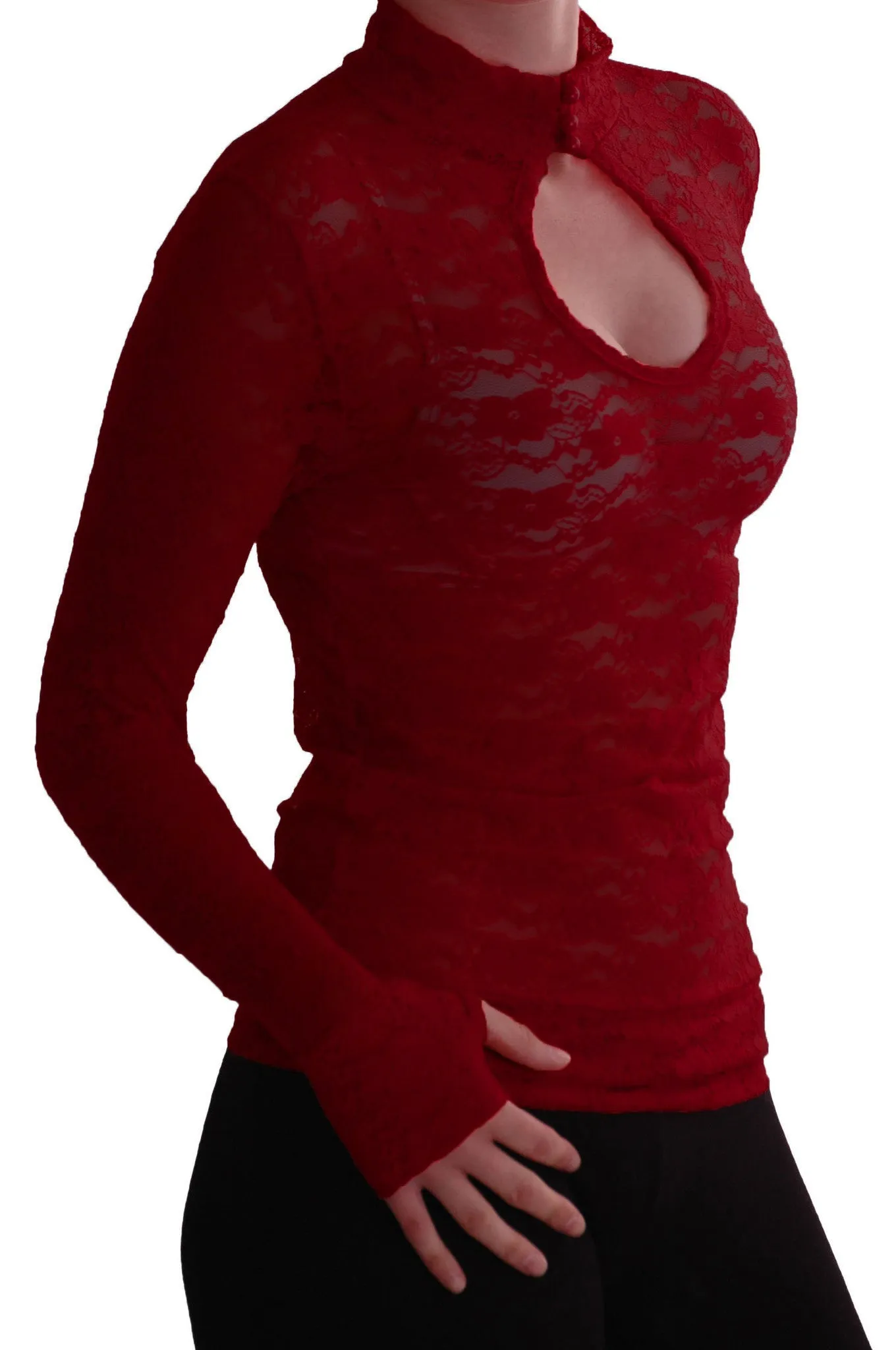 Turtle Neck Long Sleeve Floral Lace Keyhole Blouse