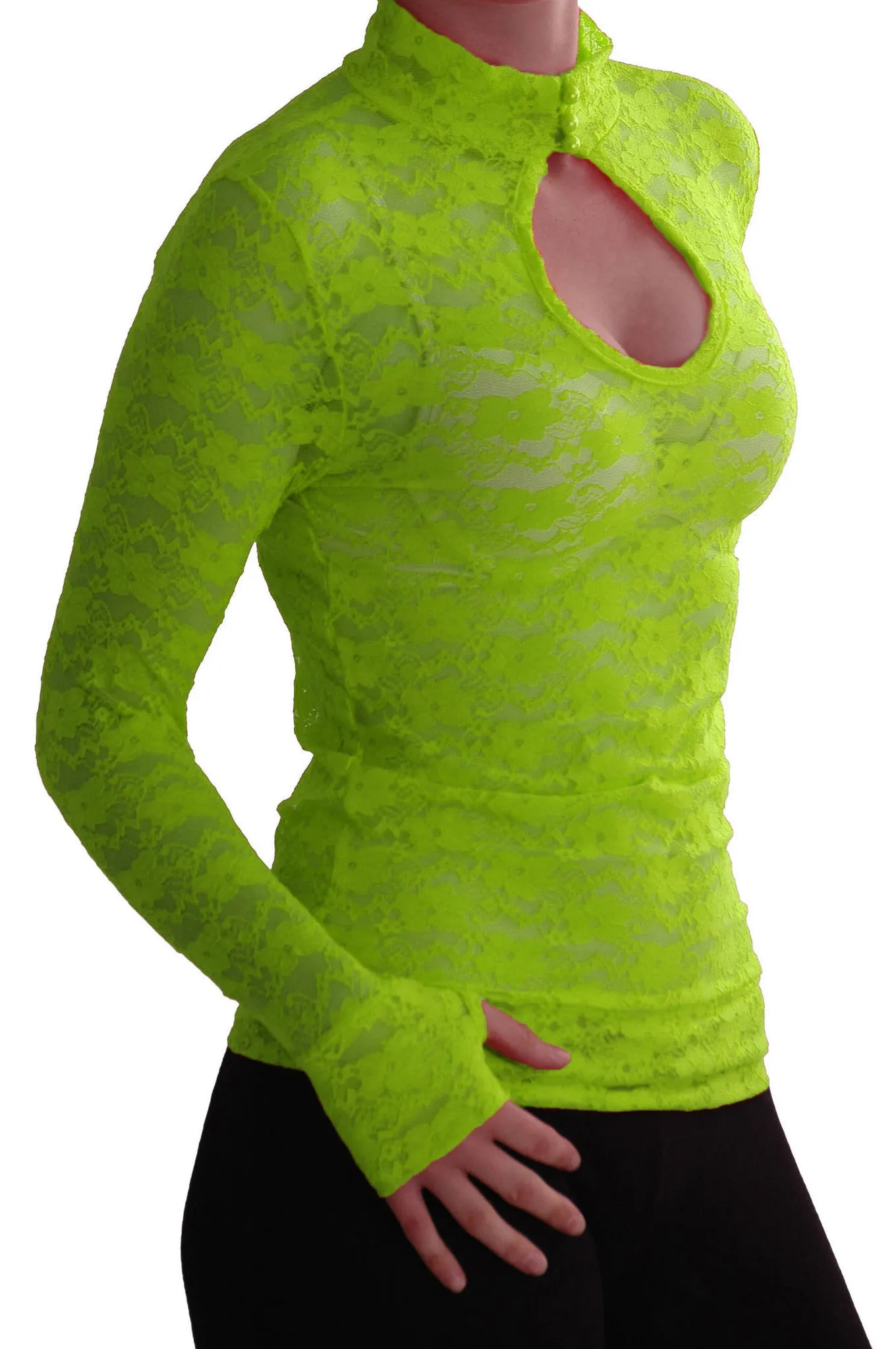 Turtle Neck Long Sleeve Floral Lace Keyhole Blouse