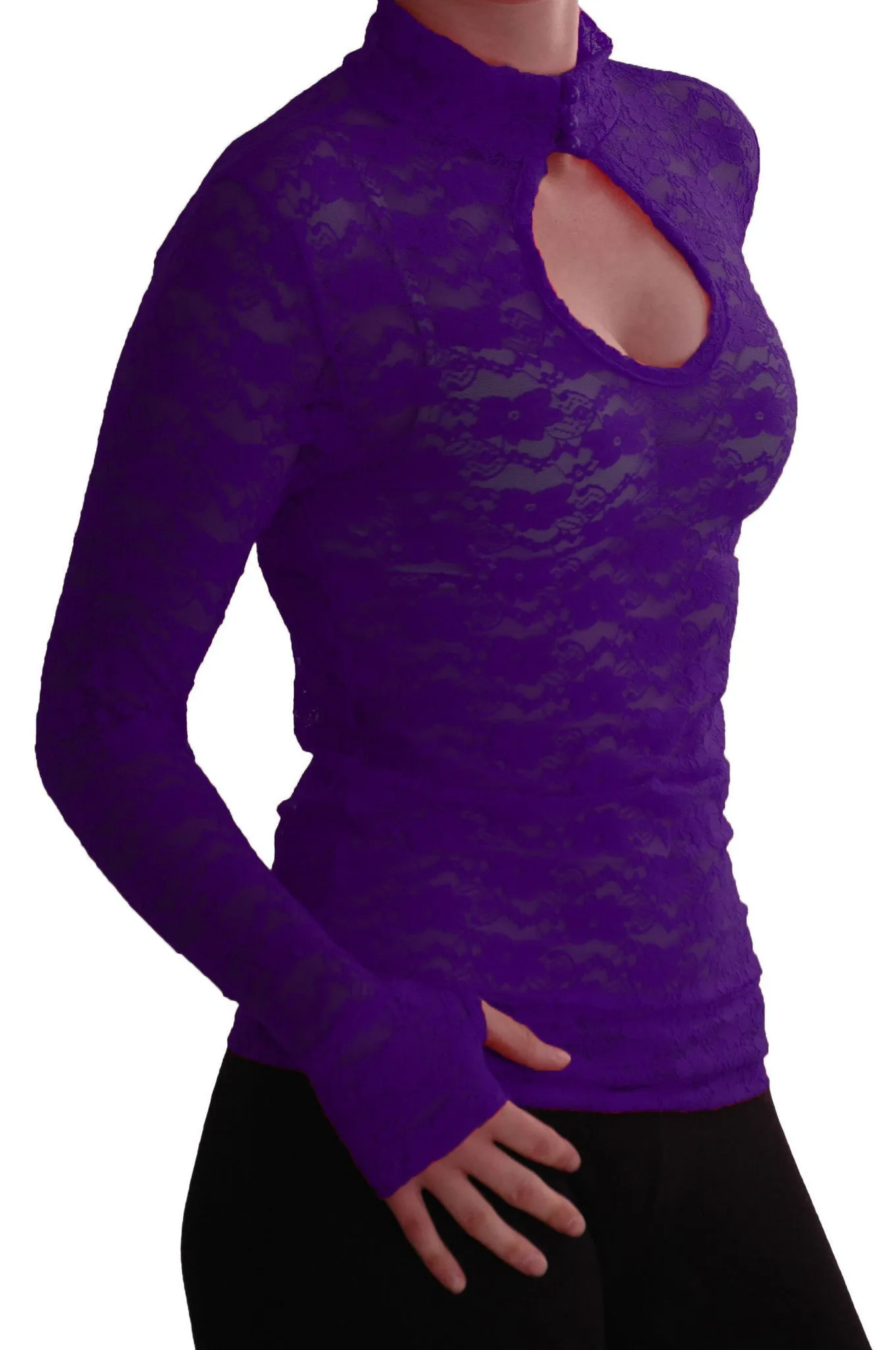 Turtle Neck Long Sleeve Floral Lace Keyhole Blouse