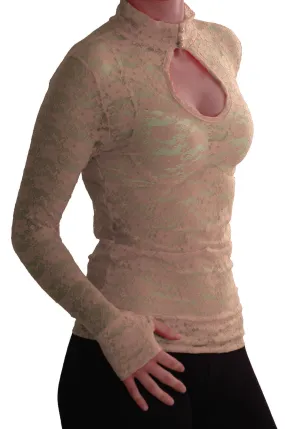 Turtle Neck Long Sleeve Floral Lace Keyhole Blouse